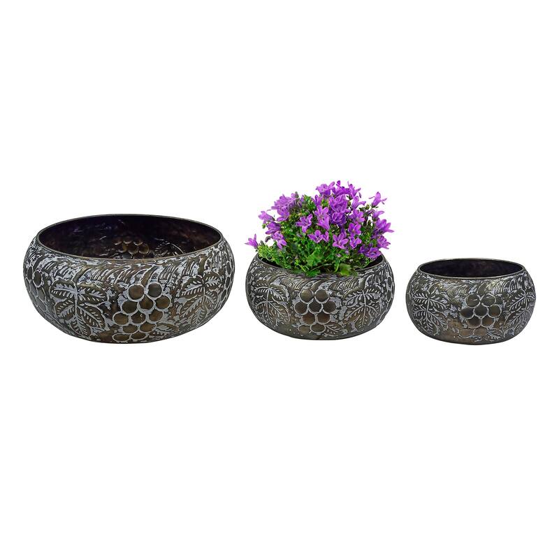 18" Circular Embossed Metal Planters, Nested Set of 3