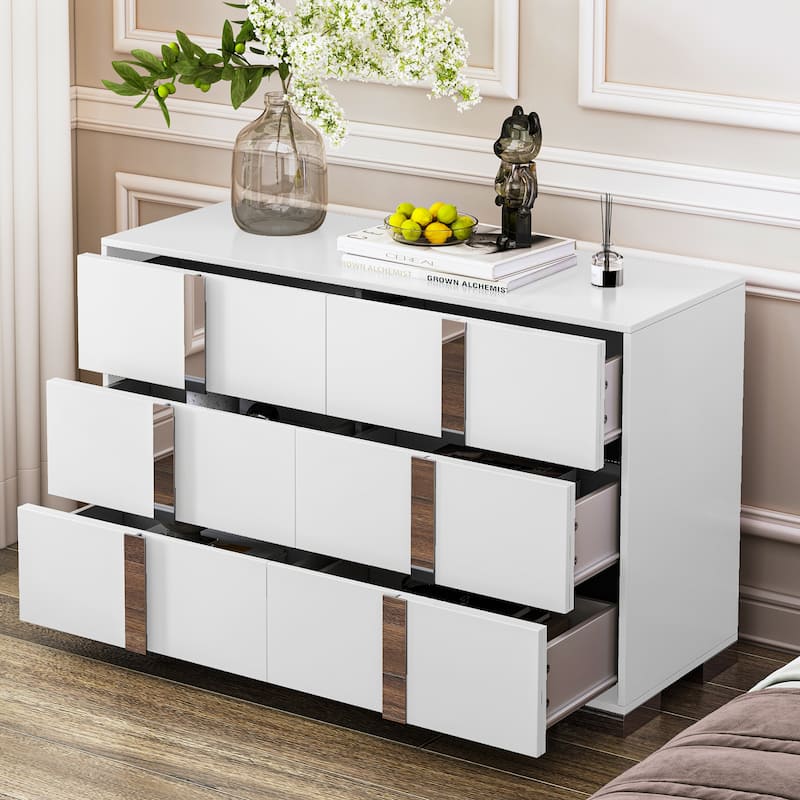 Elegant Modern Dresser with Metal Handle,Mirrored Storage Cabinet with 6 Drawers for Bedroom,Living Room