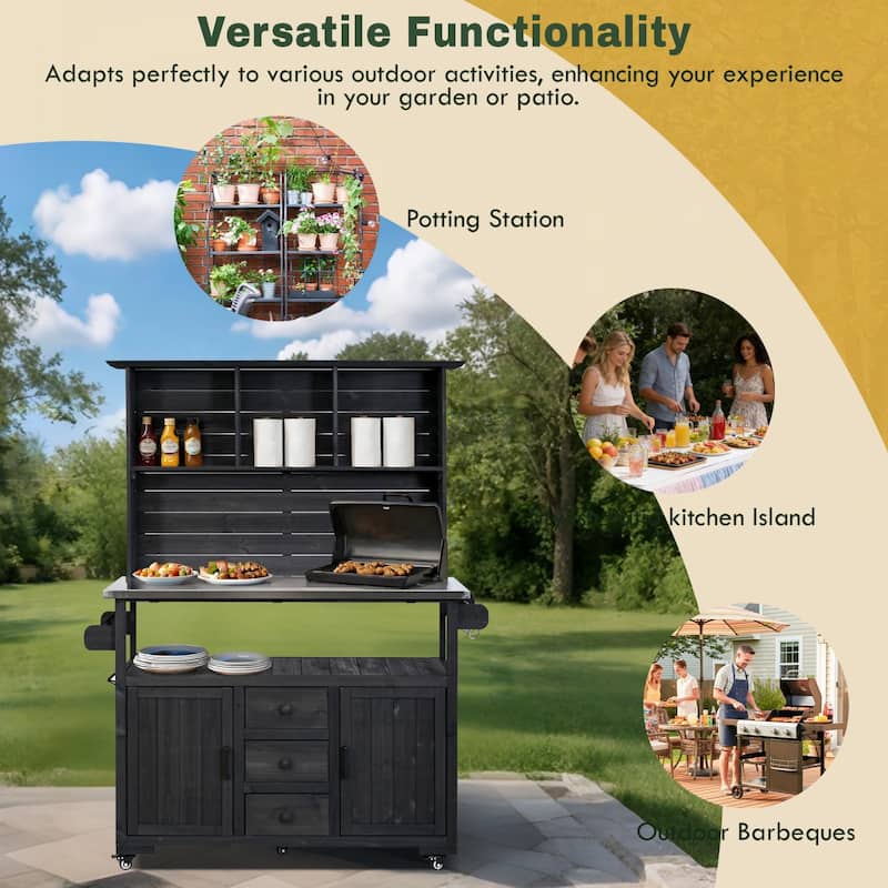 65''H Outdoor Potting Bench Garden Storage Table w/Lockable Wheels, Drawers, Cabinets & Side Hooks - N/A