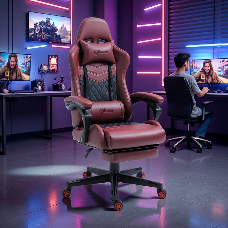 PU Leather Racing Gaming Chair with Footrest, 130° Recline and Lumbar Support - Red