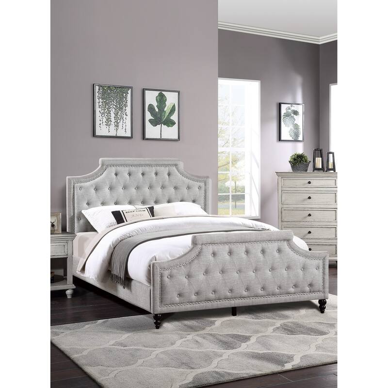 Grey Polyfiber American Traditional 1pcs Queen Size Bed Only Button Tufted Headbaord Footboard Bedroom Furniture