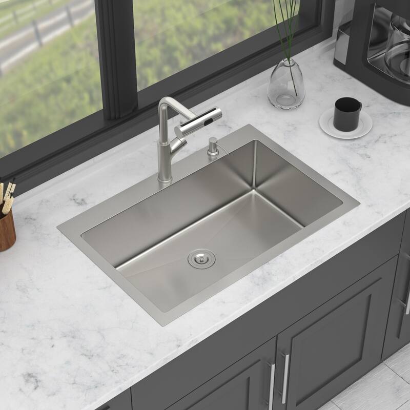 33" Drop-in Kitchen Sink with Pull-out Faucet and Soap Dispenser 33x22x10 inch Single Bowl 16 Gauge Stainless Steel