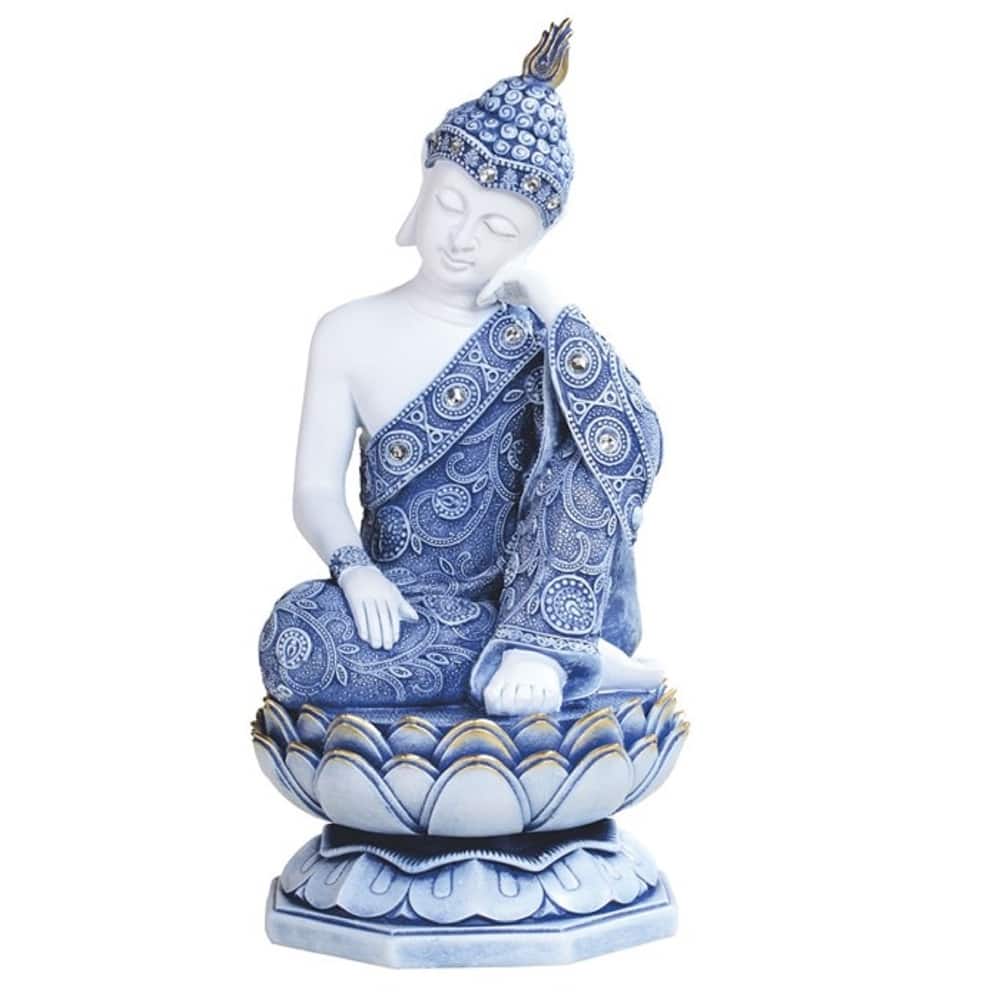 Q-Max 11"H Blue and White Thai Buddha on Lotus Seat Statue Feng Shui Decoration Religious Figurine