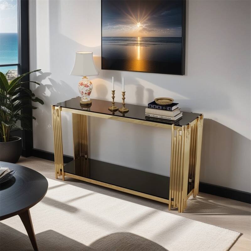 Modern Glass Console Table, 55" Gold Sofa Table w/ Sturdy Metal Frame - Gold