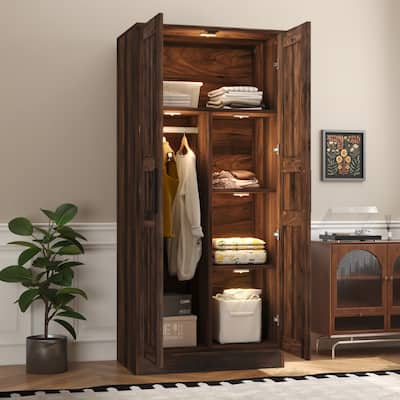 Rustic Wooden Wardrobe Clothes Storage Cabinet with LED Lights & Storage Shelves, Bedroom Armoire Closet with Hanging Rod, Brown