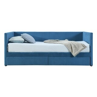 Twin Size Blue Corduroy Accent Daybed Sofa Bed Dual Storage Drawers & Wood Slat Modern Design