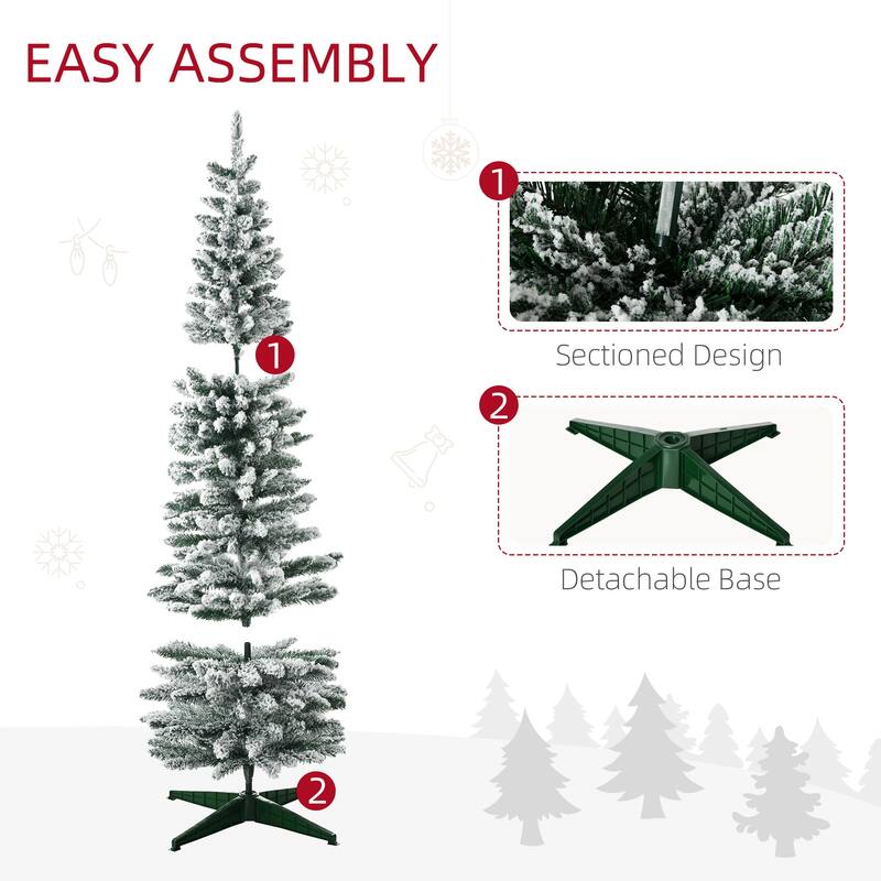 9ft Snow-Flocked Pencil Christmas Tree with Pinecones & Red Berries, Realistic Branches & Easy Setup