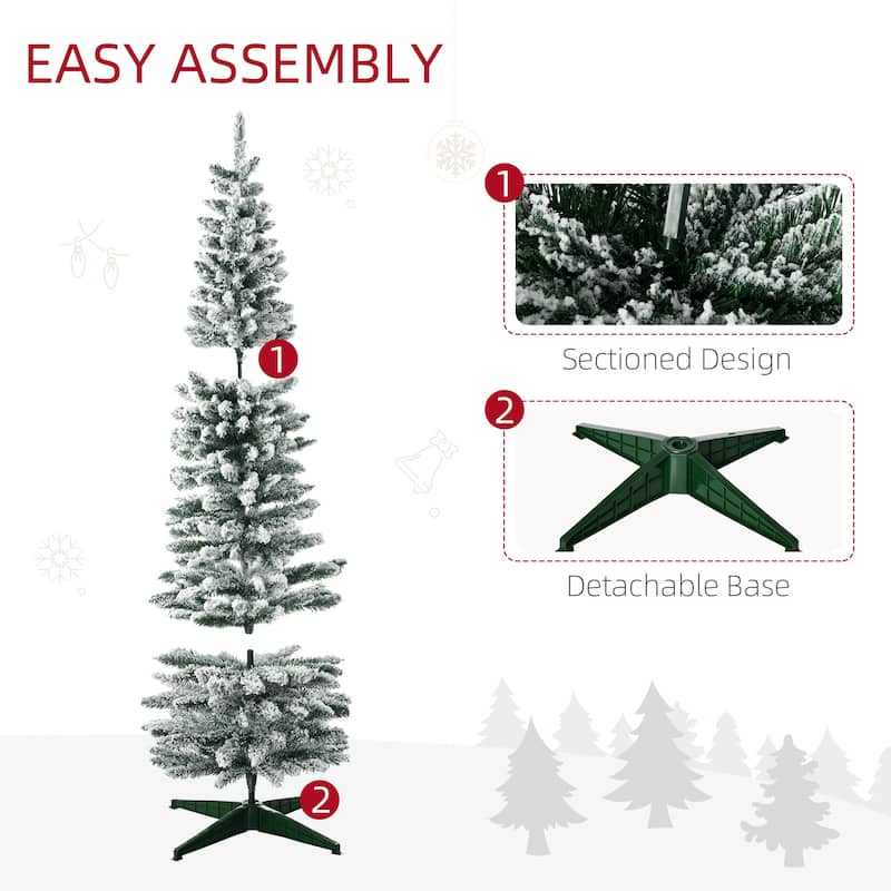 HOMCOM Snow Flocked Pencil Christmas Tree - Realistic Pine Branches, Pine Cones, Red Berries, Auto Open - Green