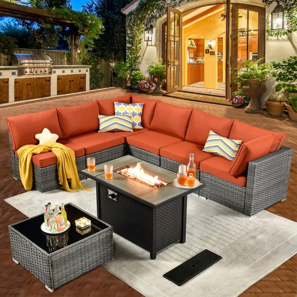 HOOOWOOO 8-piece Grey Wicker Patio Furniture Set Sectional Sofa with Fire Pit Table