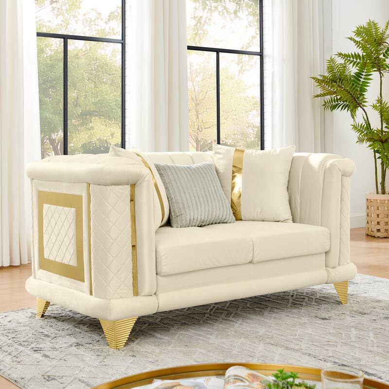 2PCS Velvet Sofa Set with Gold Trims and Embroidered Texture, Mid Century Modern Victorian Couch for Living Room, Beige