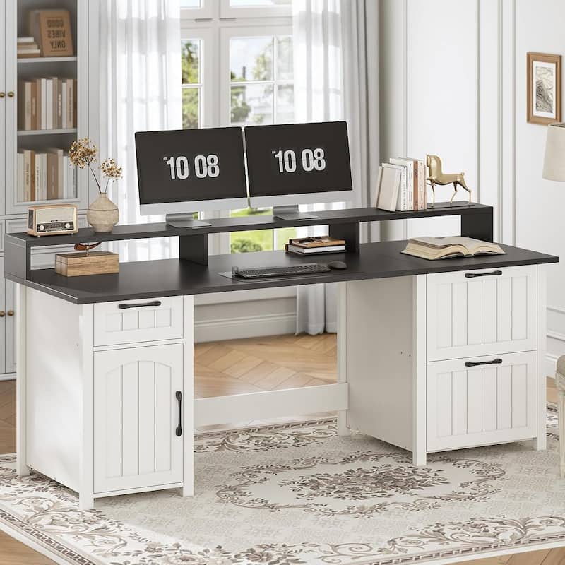 Farmhouse Executive Desk Home Office Desk File Drawer Monitor Stand Power Outlet - 63" - Black&White