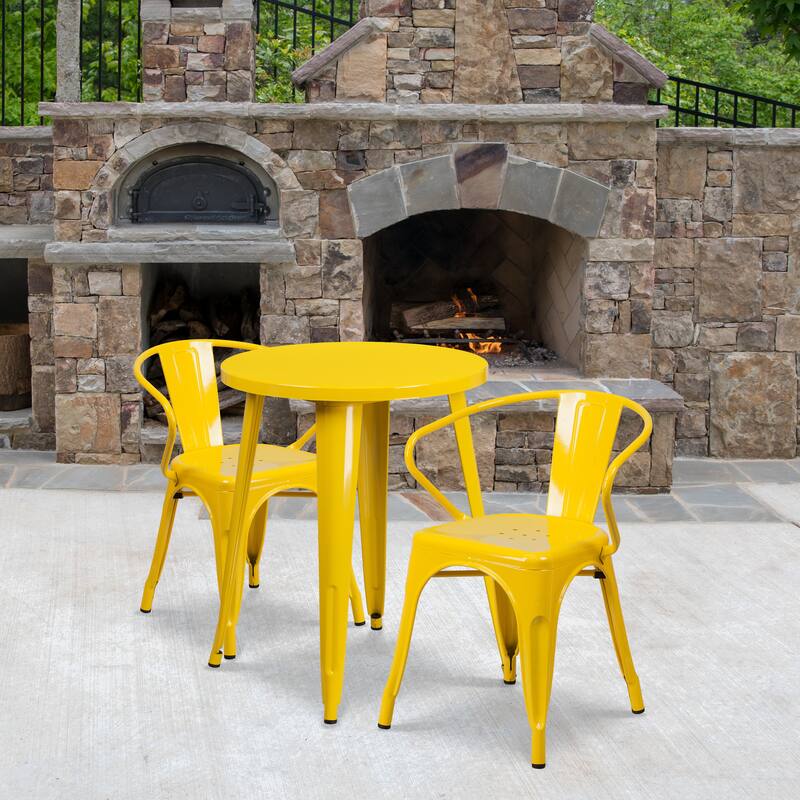 24'' Round Metal Indoor-Outdoor Table Set with 2 Arm Chairs - Yellow
