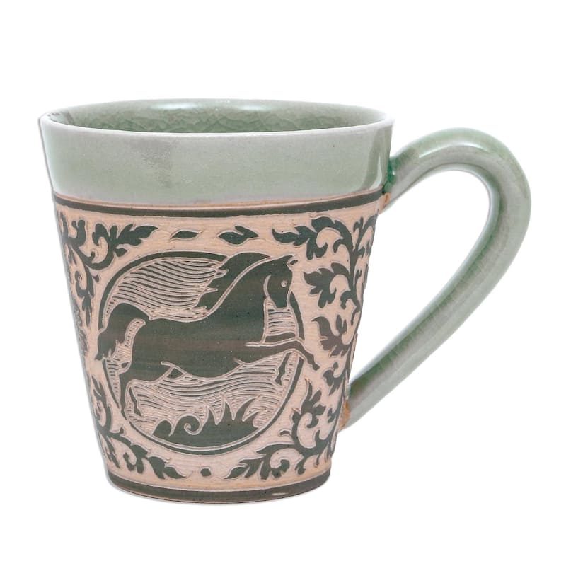 Handmade Thai Zodiac Horse Celadon ceramic mug (Thailand)