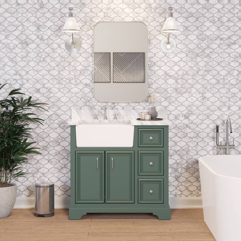 KitchenBathCollection Zelda 36" Farmhouse Bathroom Vanity with Carrara Marble Top - Sage Green
