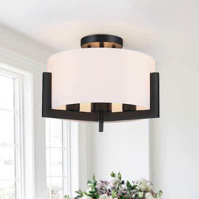 14 in. 3-Light Matte Black Semi-Flush Mount Ceiling Light with Drum Shade - 14"W