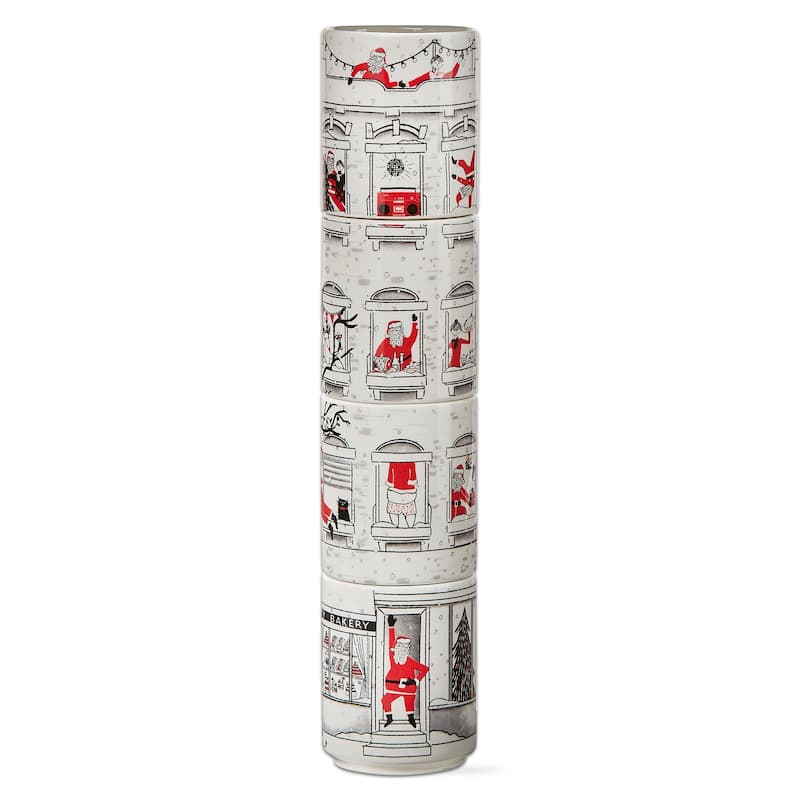 Santa Cityscape Stacking Mugs Set of 4 - 16oz Bone China Drinkware for Christmas - Dishwasher Safe, Multicolor