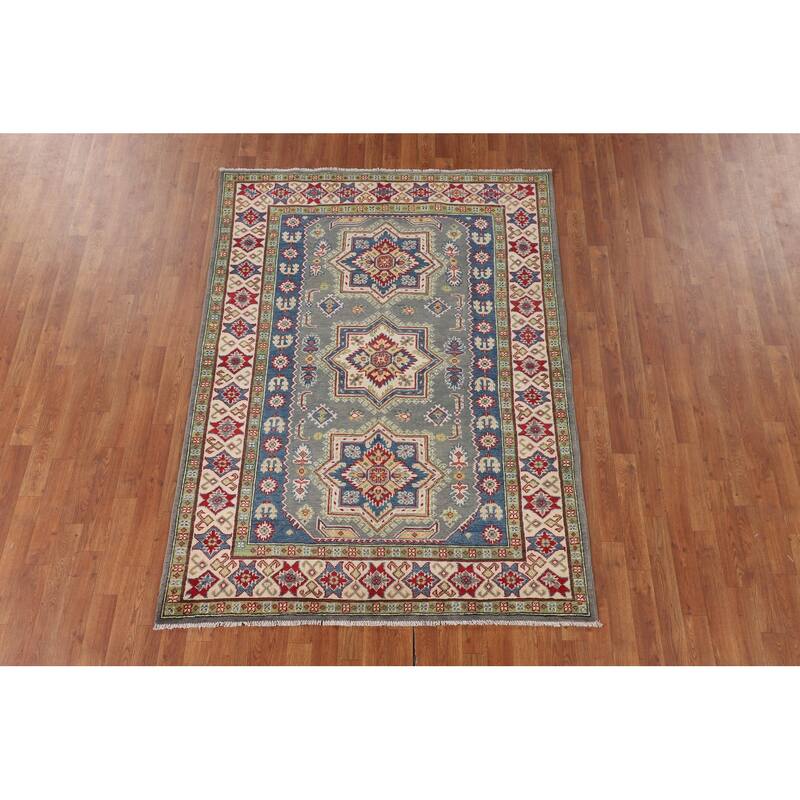 Geometric Kazak Rug Hand-Knotted Grey Wool Carpet - 4'11" x 6'9"