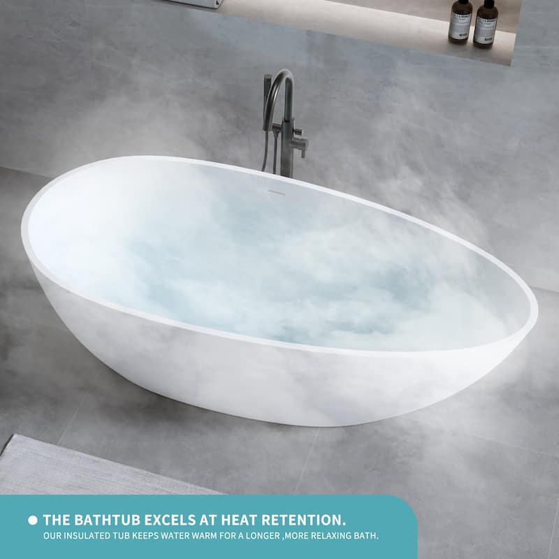 Solid Surface Freestanding Soaking Bathtub with Center Drain and Pop-up Drain, Modern Matte White Tubs with Overflow