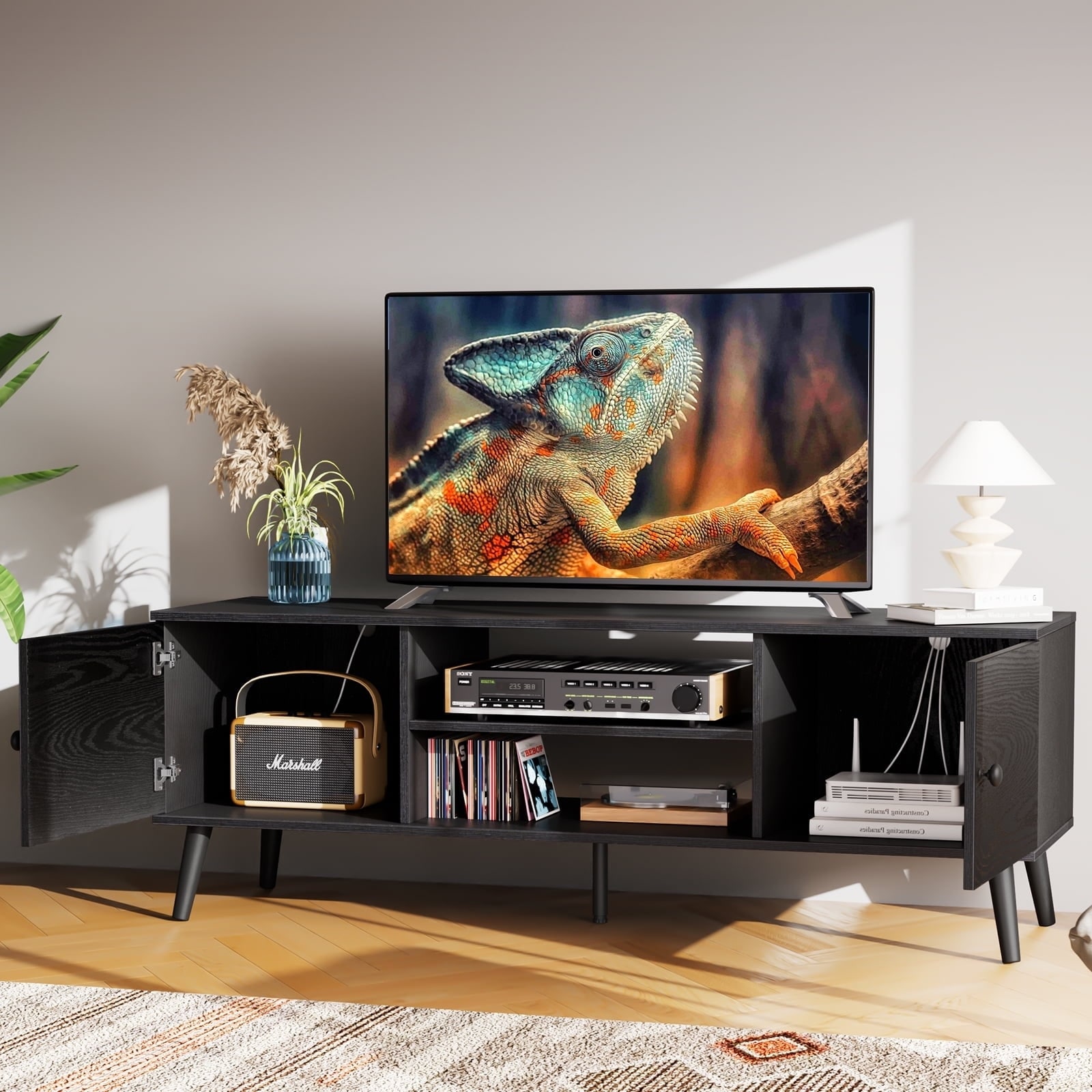 60-Inch Wood Media Console with 2 Storage Cabinets, Adjustable Shelves and Cable Management, Black