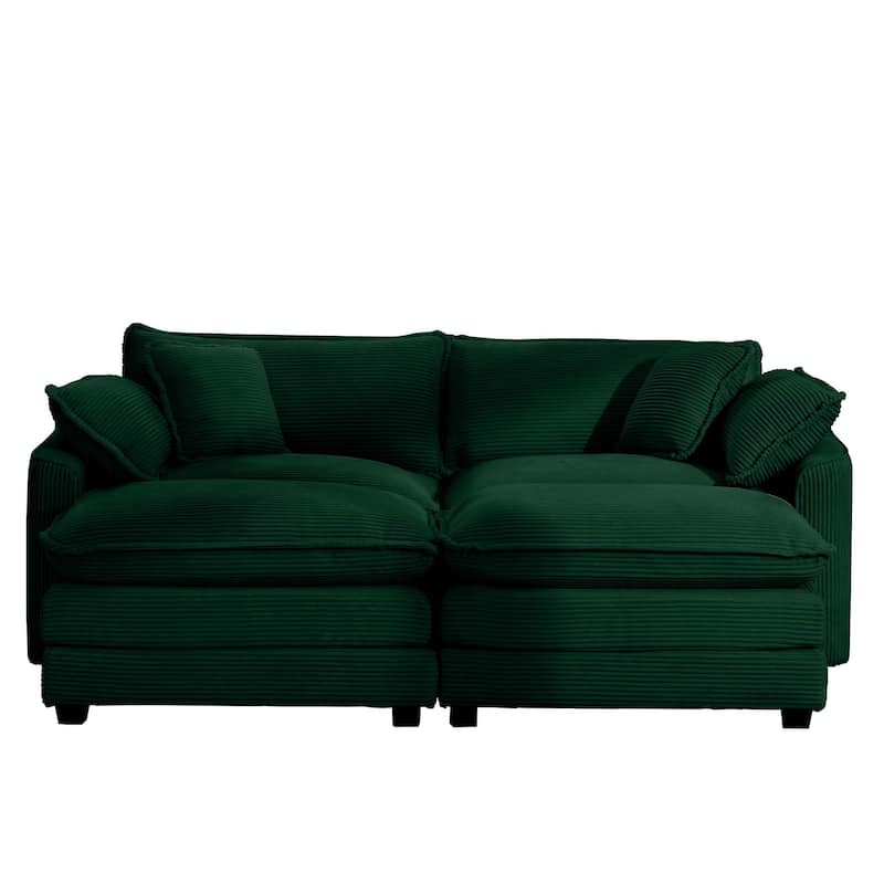 GDFStudio - Fiber Corduroy 2 Seater Sofa with Dual Ottomans Set