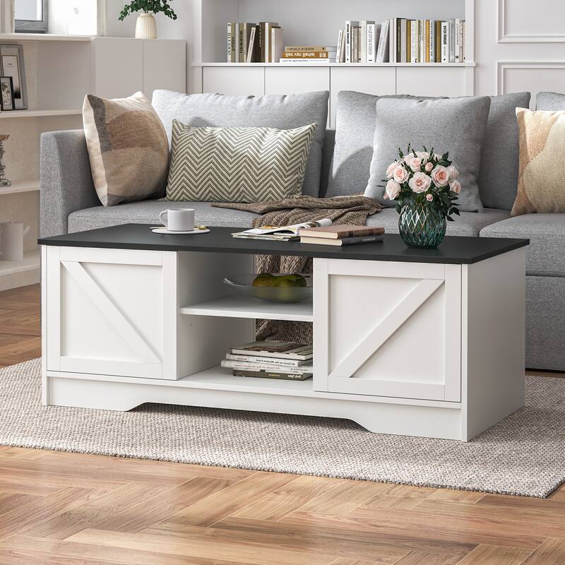 47" Rustic Farmhouse Coffee Table with Storage & Sliding Doors