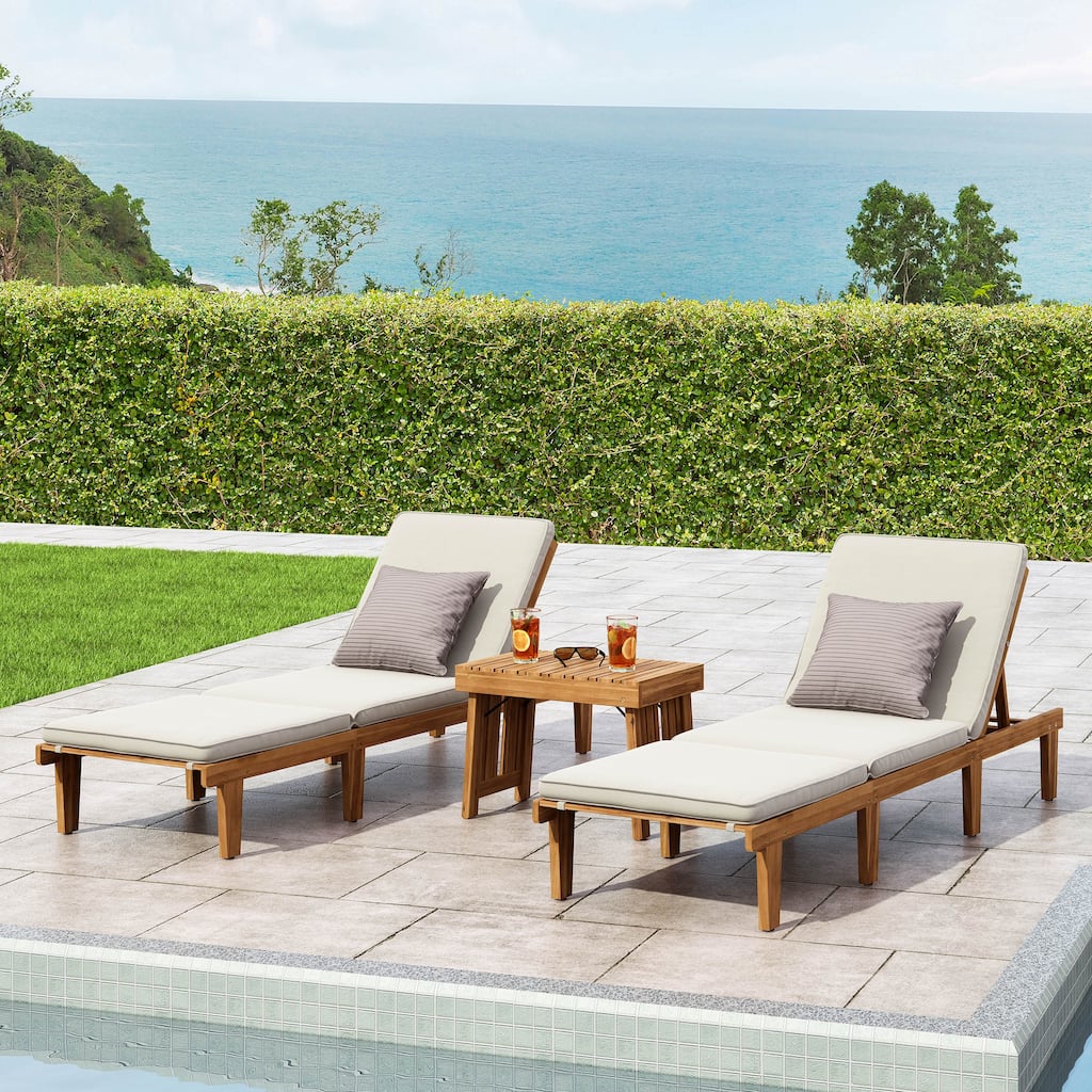 Ariana Outdoor Acacia Wood 3 Piece Chaise Lounge Set with Water-Resistant Cushions by Christopher Knight Home