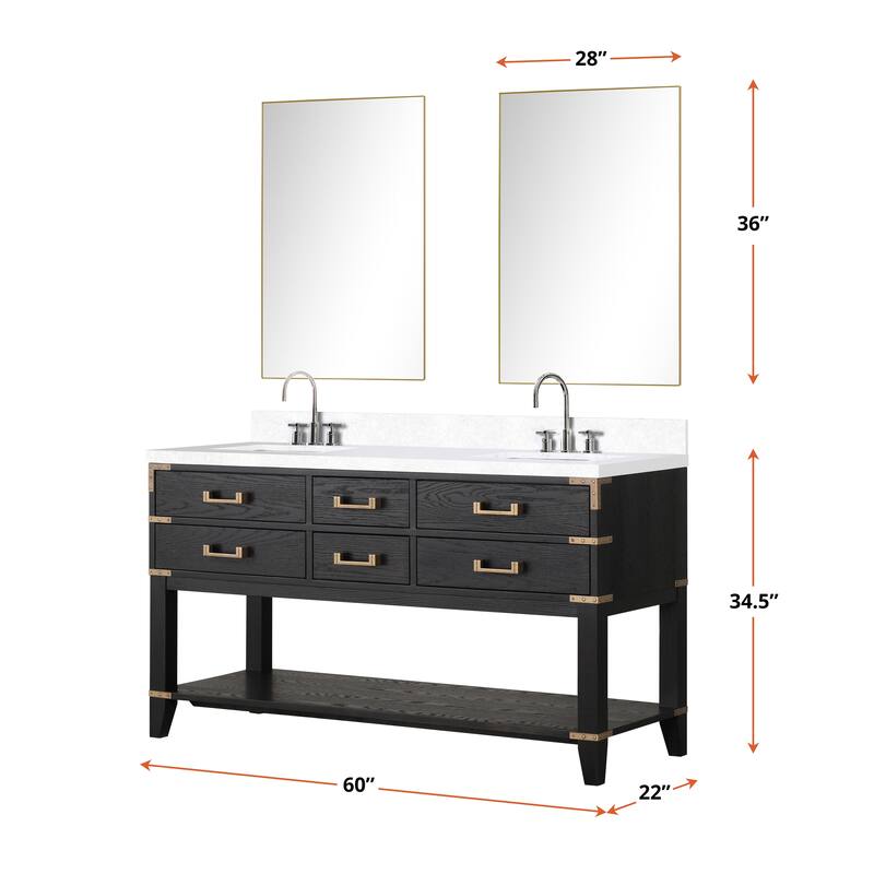 Norwalk 60 in W x 22 in D Black Oak Double Bath Vanity, Cultured Marble Top, Faucet Set, and 28 in Mirrors