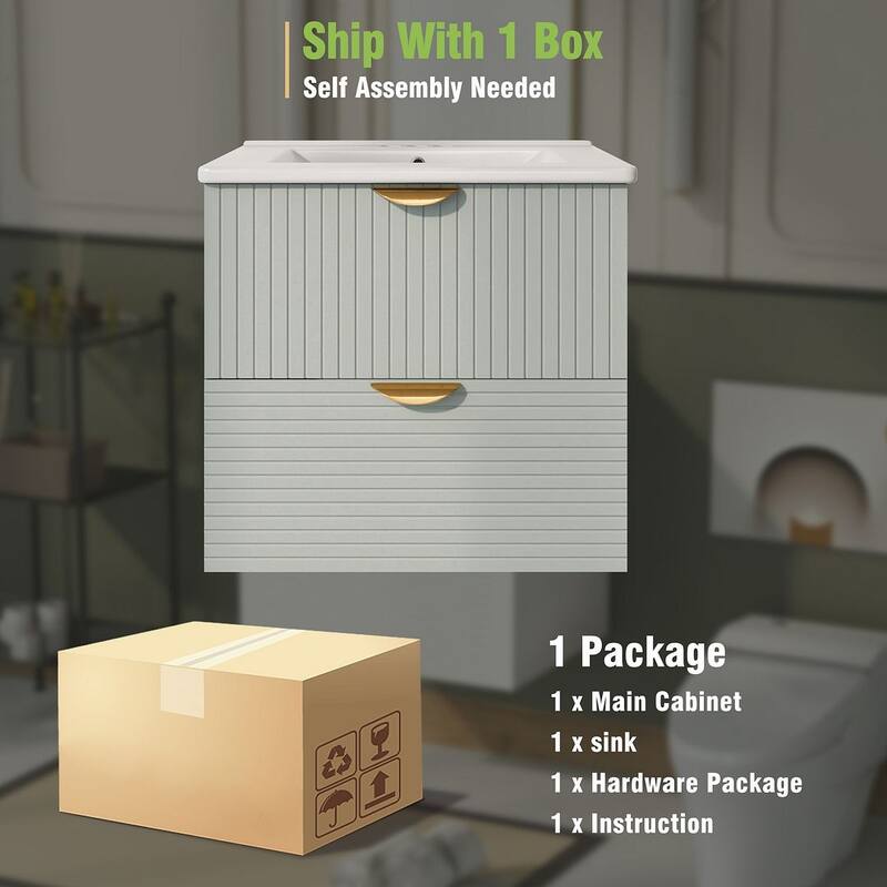 24” Modern Wall Mounted Bathroom Vanity with Ceramic Sink and 2 Drawers