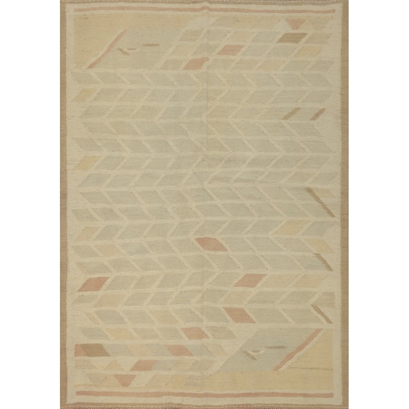 Hand Woven Oriental 100% Wool Carpet Southwestern Tribal Beige & Ivories Kilim Area Rug - 5' 7'' X 4' 2''
