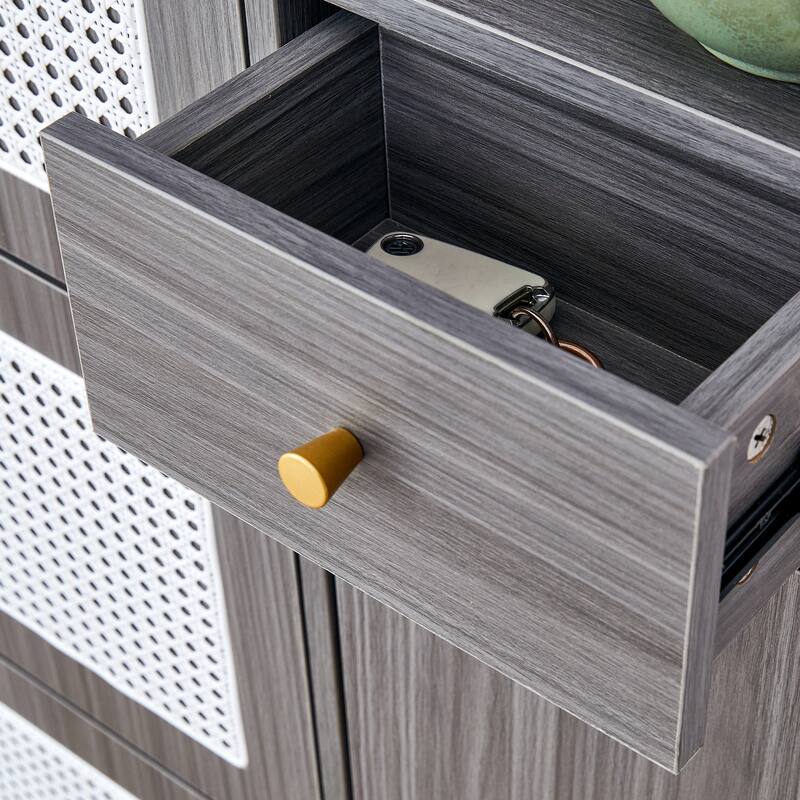 Minimalist MDF Shoe Cabinet with Japanese Rattan Design for Hallways or Living Room Storage Solutions
