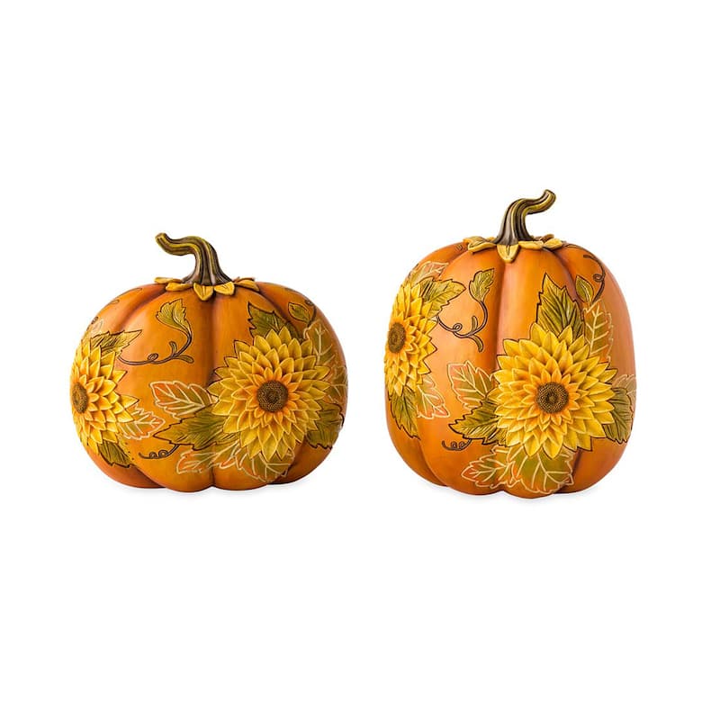 Carved Pumpkins with Sunflowers, Set of 2