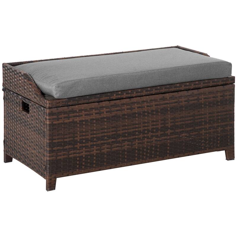 Outsunny PE Rattan Patio Storage Bench with Interior Water-Fighting Cloth Bag & Comfortable White Top Cushion