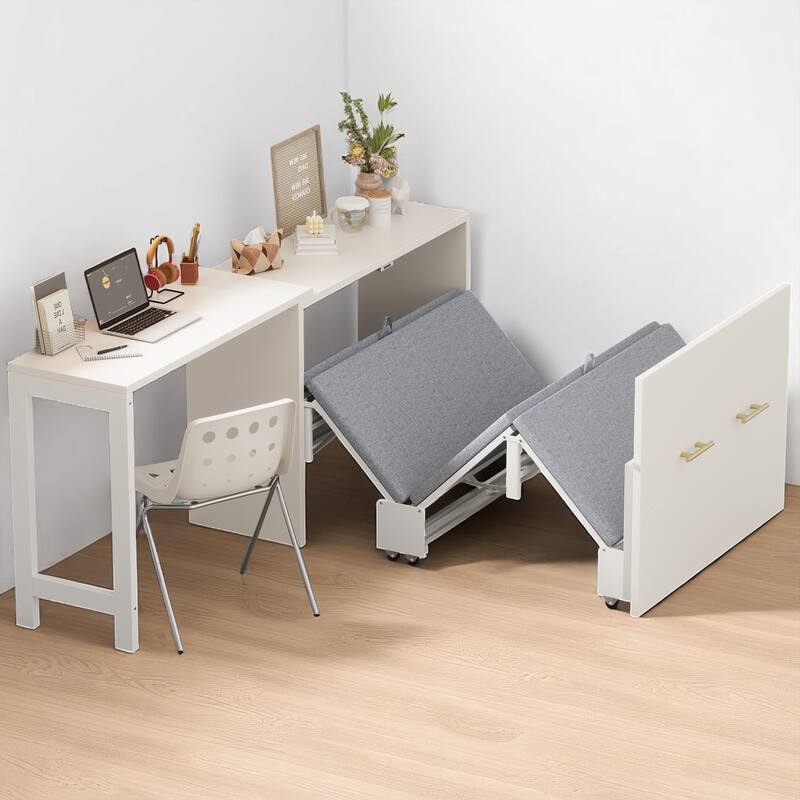 Convertible Twin Murphy Chest Bed with Adjustable L-Shaped Desk and Built-in Cushion for Small Rooms