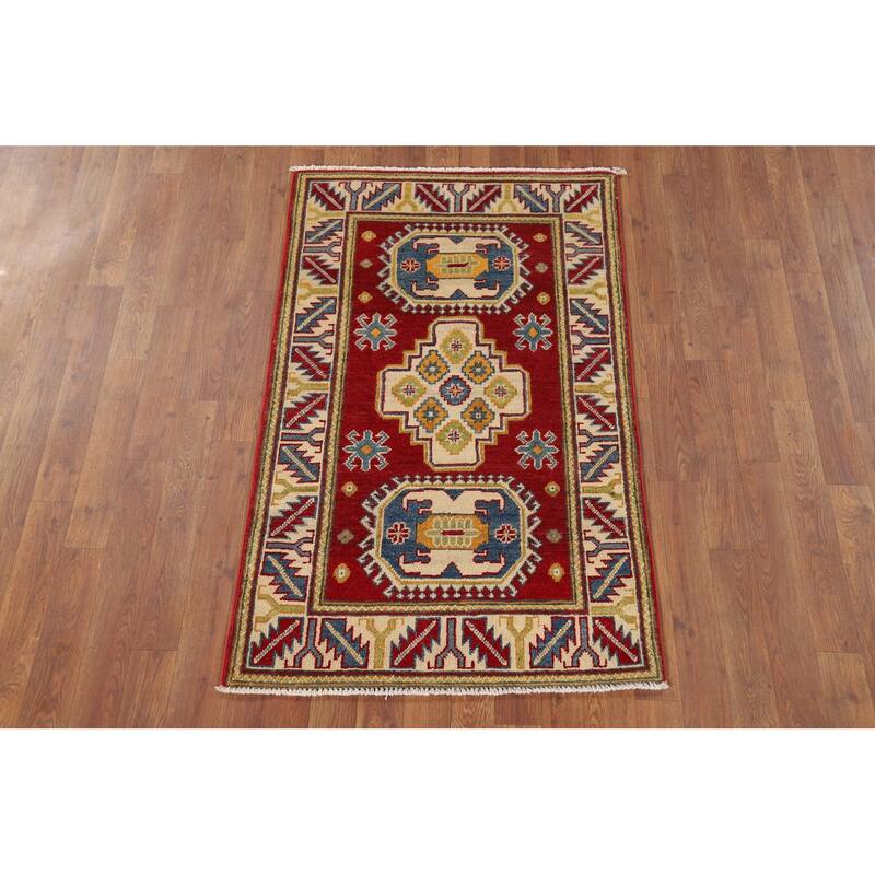 Geometric Kazak Foyer Rug Handmade Red Wool Carpet - 2'7" x 4'3"