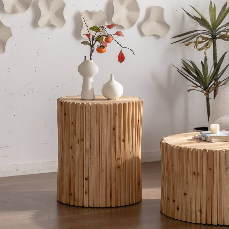 Cylindrical Coffee Table with Vertical Texture Relief Design