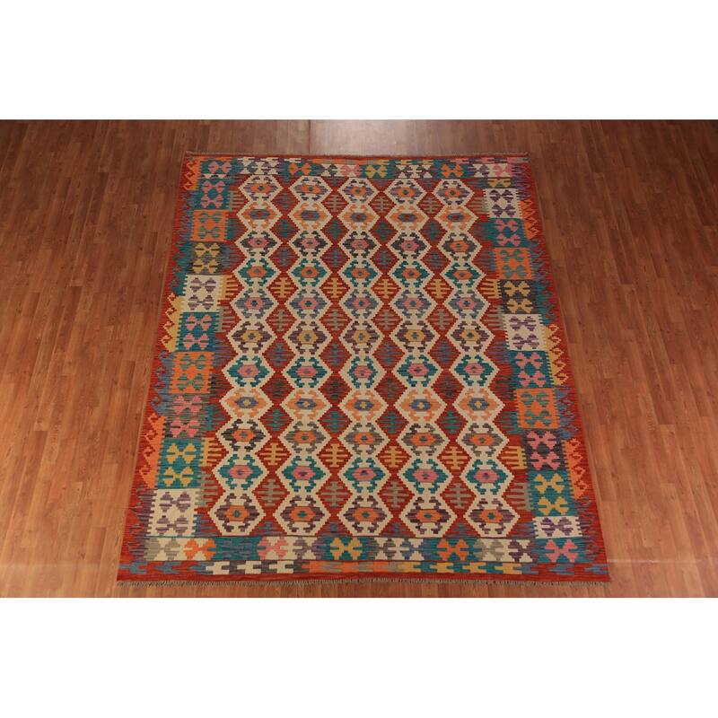 South Western Style Kilim Oriental Area Rug Flatweave Wool Carpet - 8'1"x 9'10"