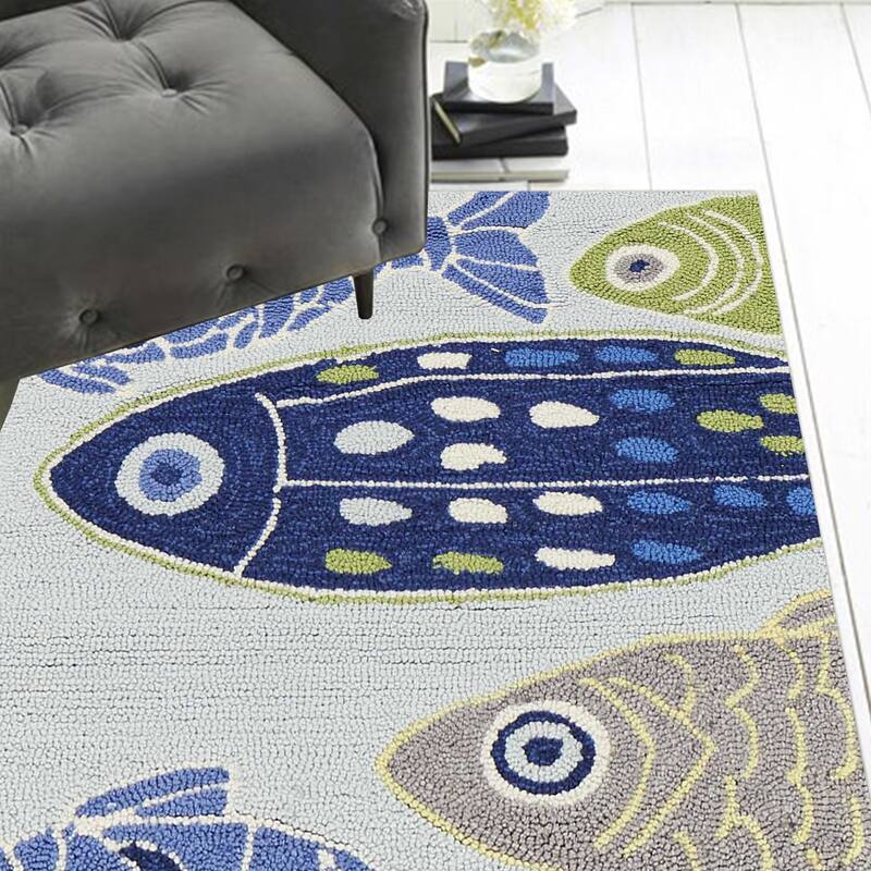 8' Light Blue Hand Hooked Oversized Sea Of Fish Indoor Runner Rug 3'6