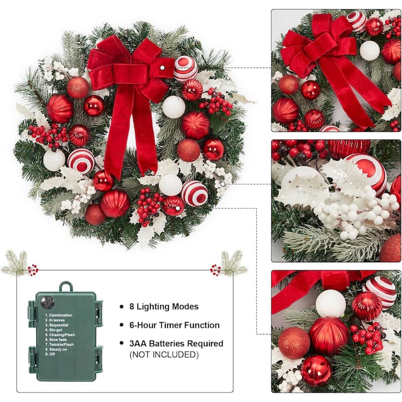 24 in Pre-Lit Christmas Wreaths with Lights, Xmas Wreath for Front Door - N/A