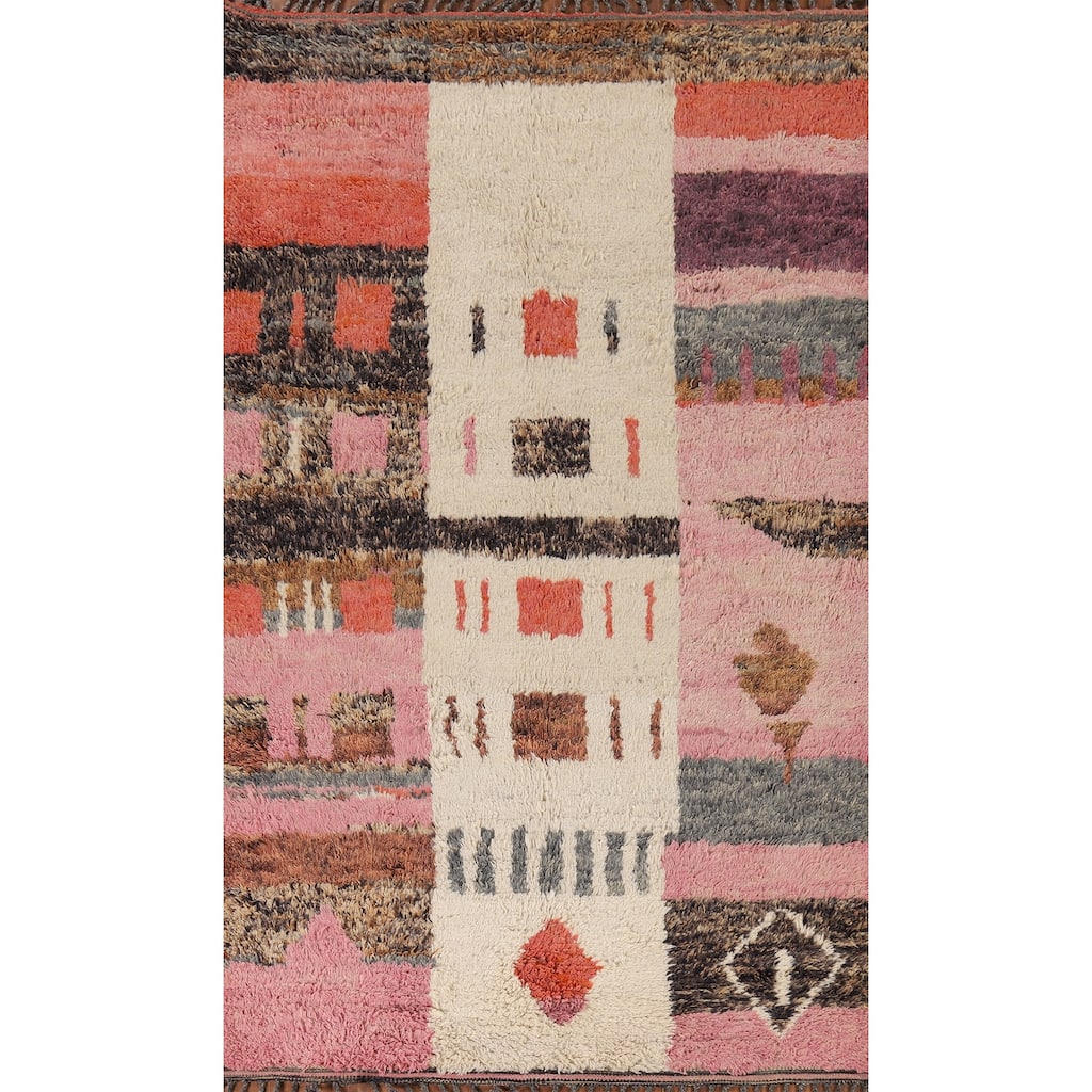 Geometric Plush Moroccan Oriental Area Rug Handmade Beige Wool Carpet - 5'11" x 10'1"