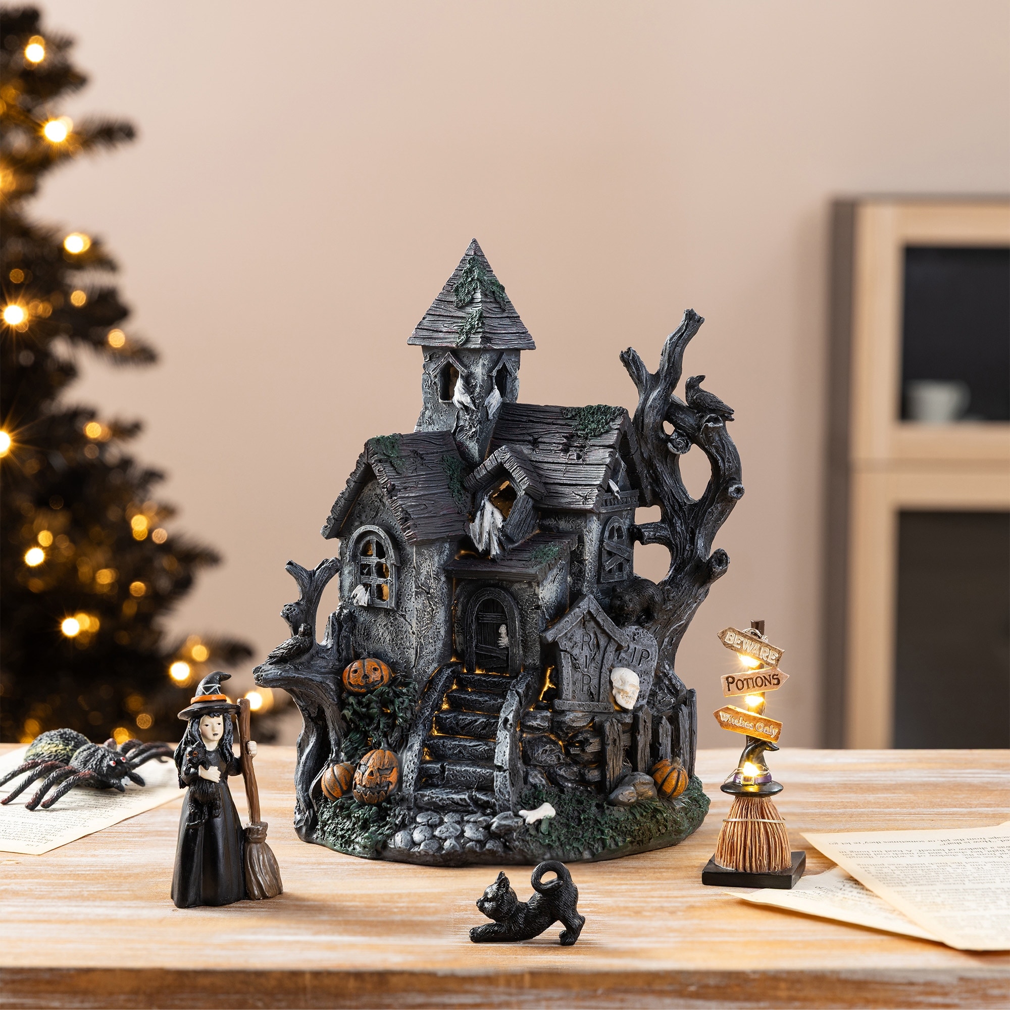 Glitzhome 4-Piece Halloween Lighted Resin Haunted House with Timer