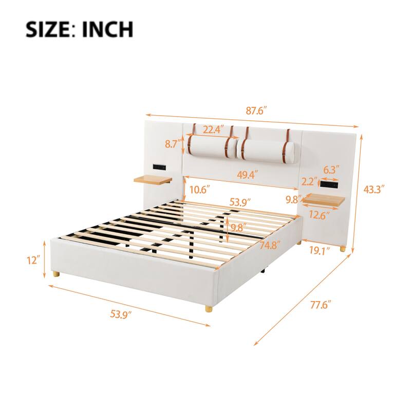 Upholstered Platform Bed with Two Outlets and USB Charging Ports