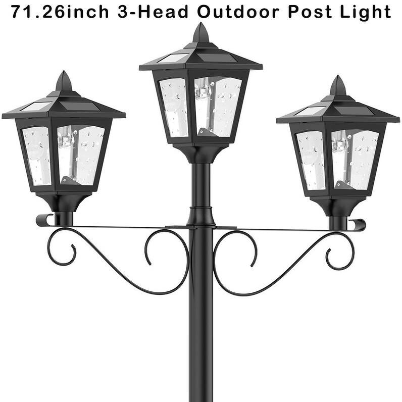72" Solar Lamp Post Light Triple Head LED Dusk to Dawn for Driveway, Garden, Patio - Black