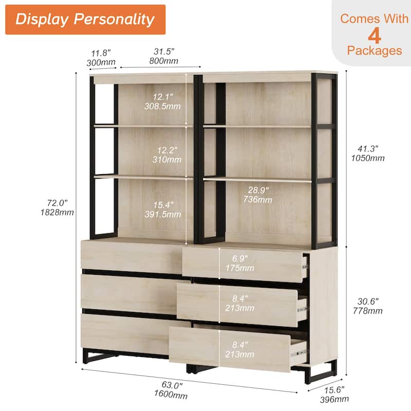 WAMPAT Modern 72" Tall Bookcase with Drawers and Open Book Shelfs, Library Book Shelf for Home Office, Living Room