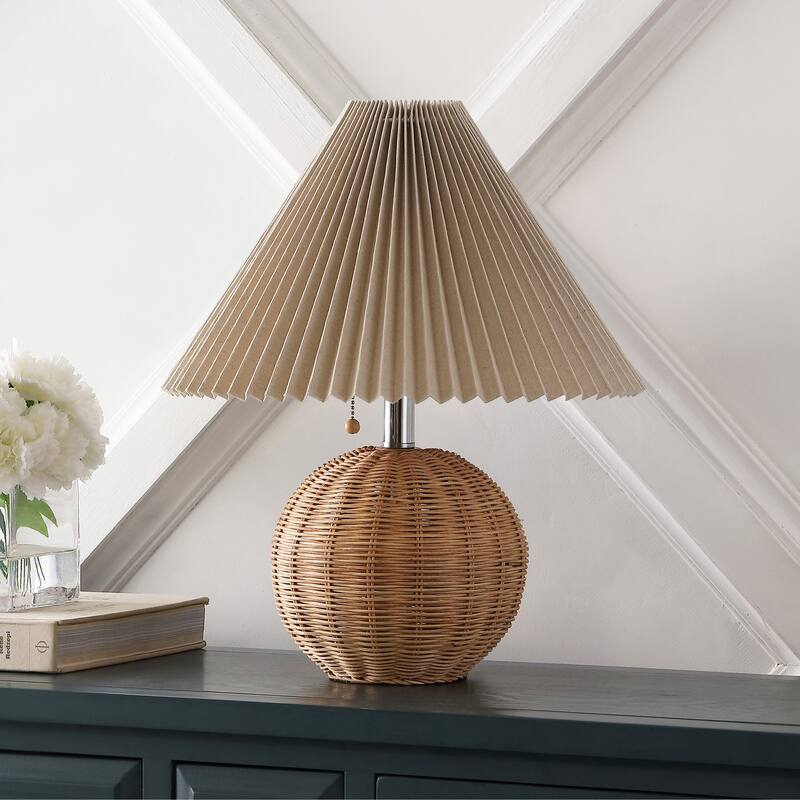 Arvid 17.25" Coastal Scandinavian Resin/Iron Sphere LED Table Lamp with Pleated Shade and Pull Chain, by JONATHAN Y