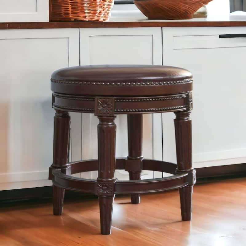 Brown Wood Frame Swivel Counter Bar Chair with Faux Leather Round Seat