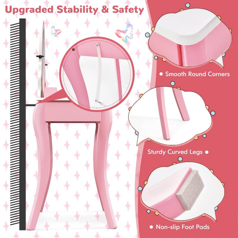 Pink Kids Vanity Table and Stool Set with 360 Rotating Mirror and Whiteboard Perfect for Gift - 27"L x 16.5"W x 39.5"H
