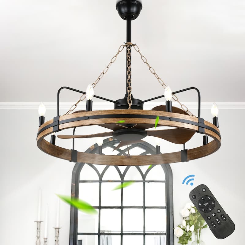 Cusp Barn 36 Inch Rustic Wagon Wheel Ceiling Fan with Light and Remote, Industrial 6 Speeds Fandelier Ceiling Fan for Bedroom - Rusty