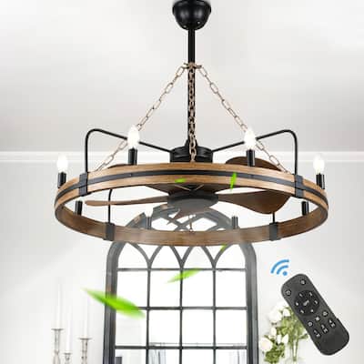 Cusp Barn 36 Inch Rustic Wagon Wheel Ceiling Fan with Light and Remote, Industrial 6 Speeds Fandelier Ceiling Fan for Bedroom