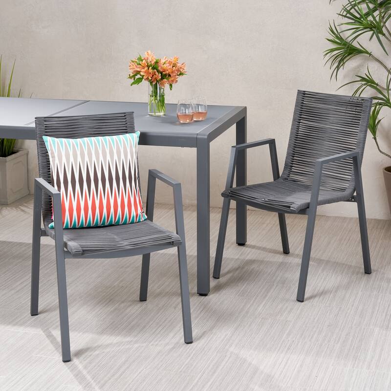 Outdoor Modern Aluminum Dining Chair with Rope Seat (Set of 2),Gray and Dark Gray