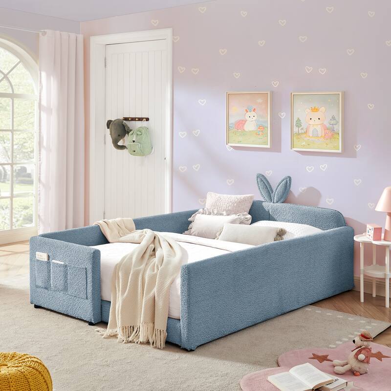 Full Size Upholstered Platform Bed with Bunny Ear Headboard, Safety Rail & Pocket